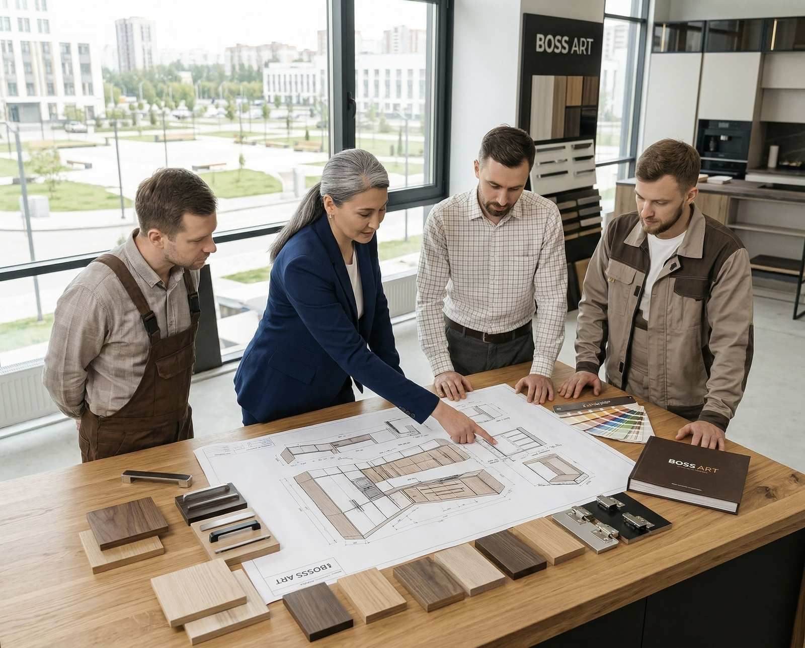 Команда BOSS ART обсуждает проект мебели с материалами и чертежами